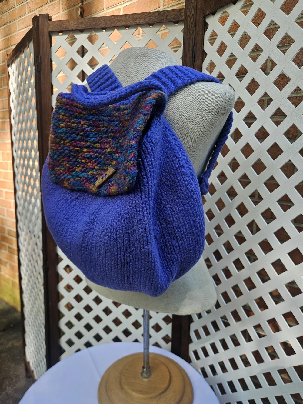Handmade Tight Knit Backpack in Royal Purple with Multicolor Flap & Button Close